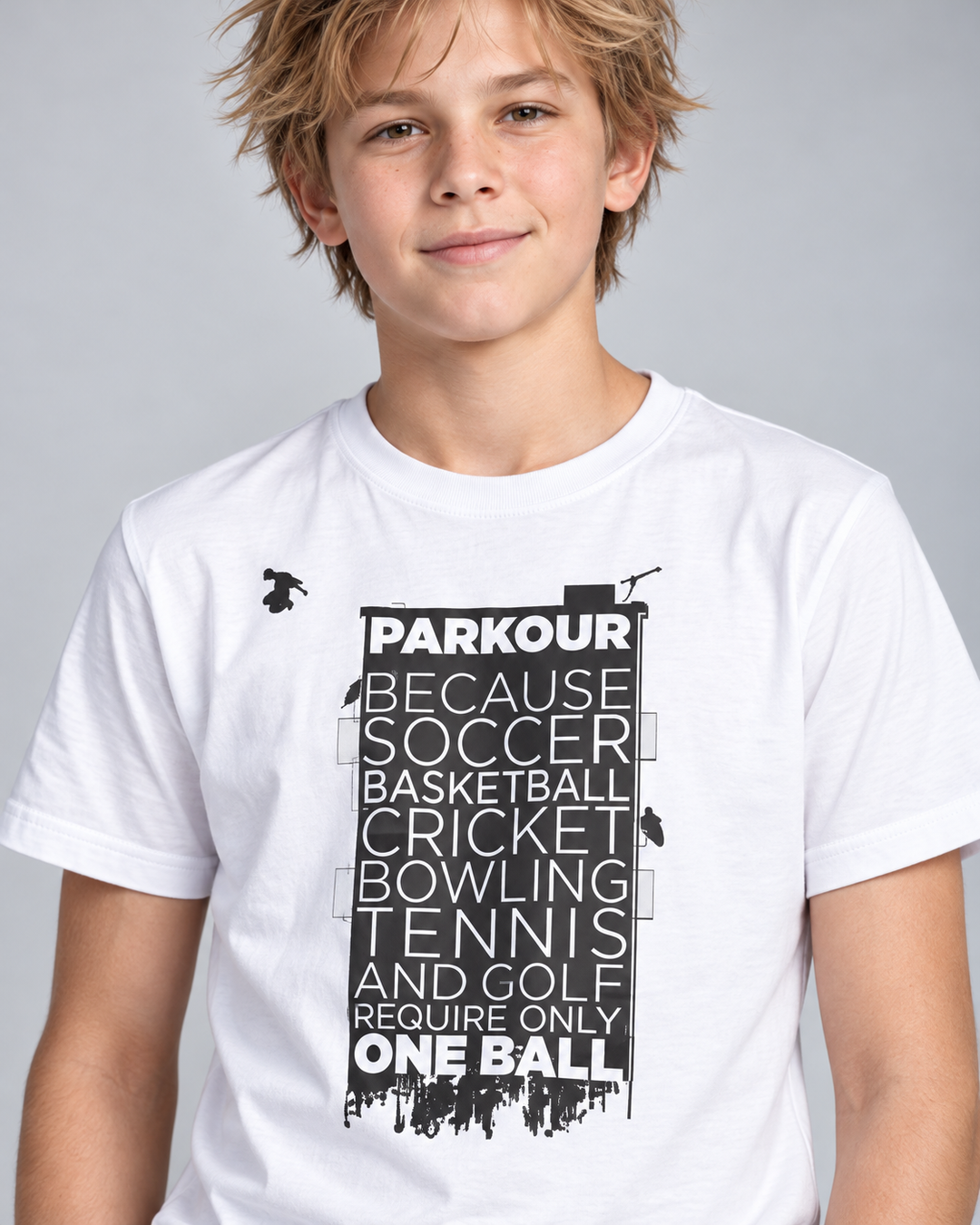 "Parkour takes BALLS..." T-shirt i hvid/sort – detalje af tryk og materiale