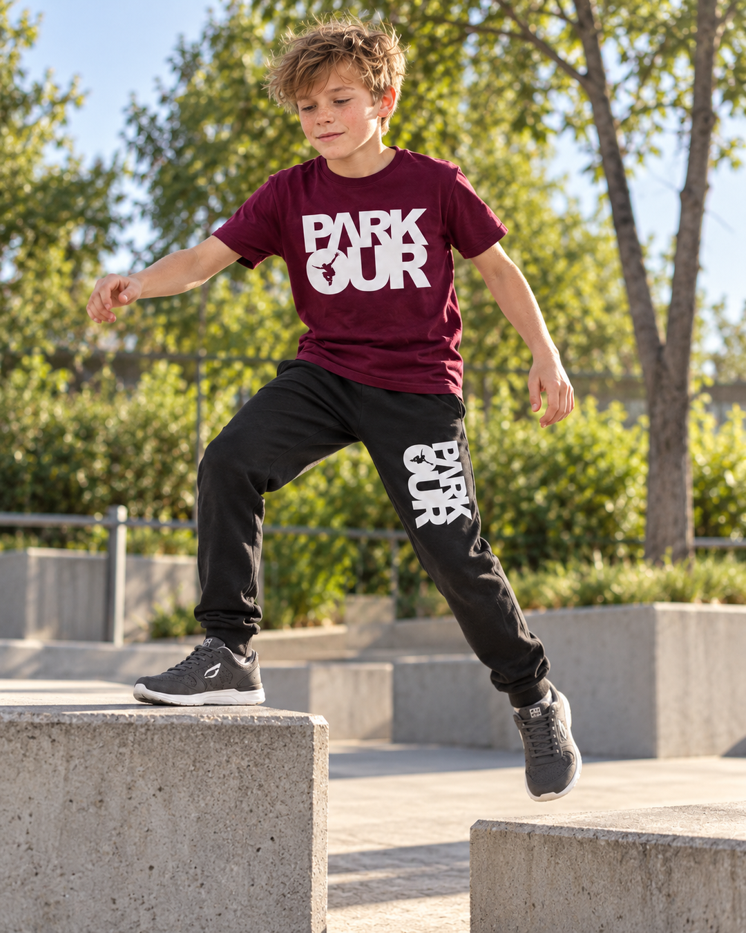 T-shirt m/ Parkour box, bordeaux/hvid – i brug under parkour