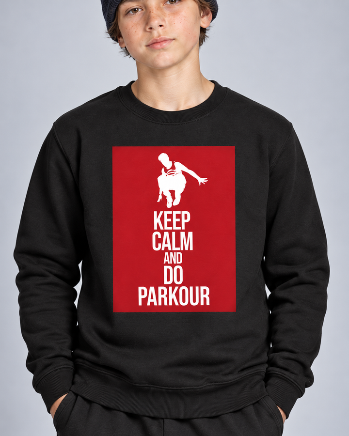 Sort/rød Keep Calm-sweatshirt – detalje af tryk og materiale. Øvrig styling købes separat.
