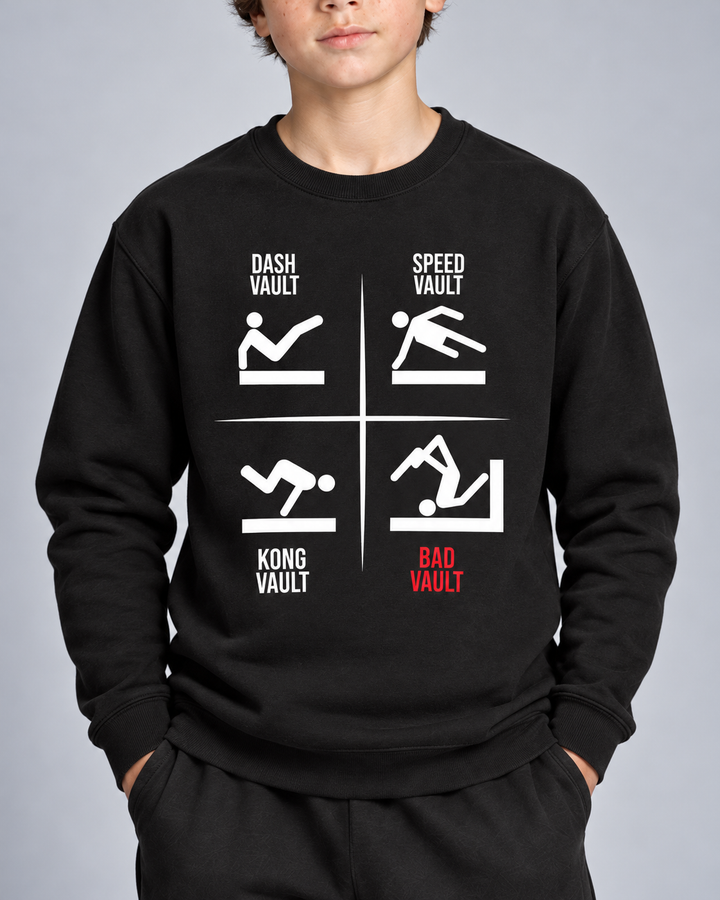 Sort BAD VAULT-sweatshirt – detalje af tryk og materiale. Øvrig styling købes separat.
