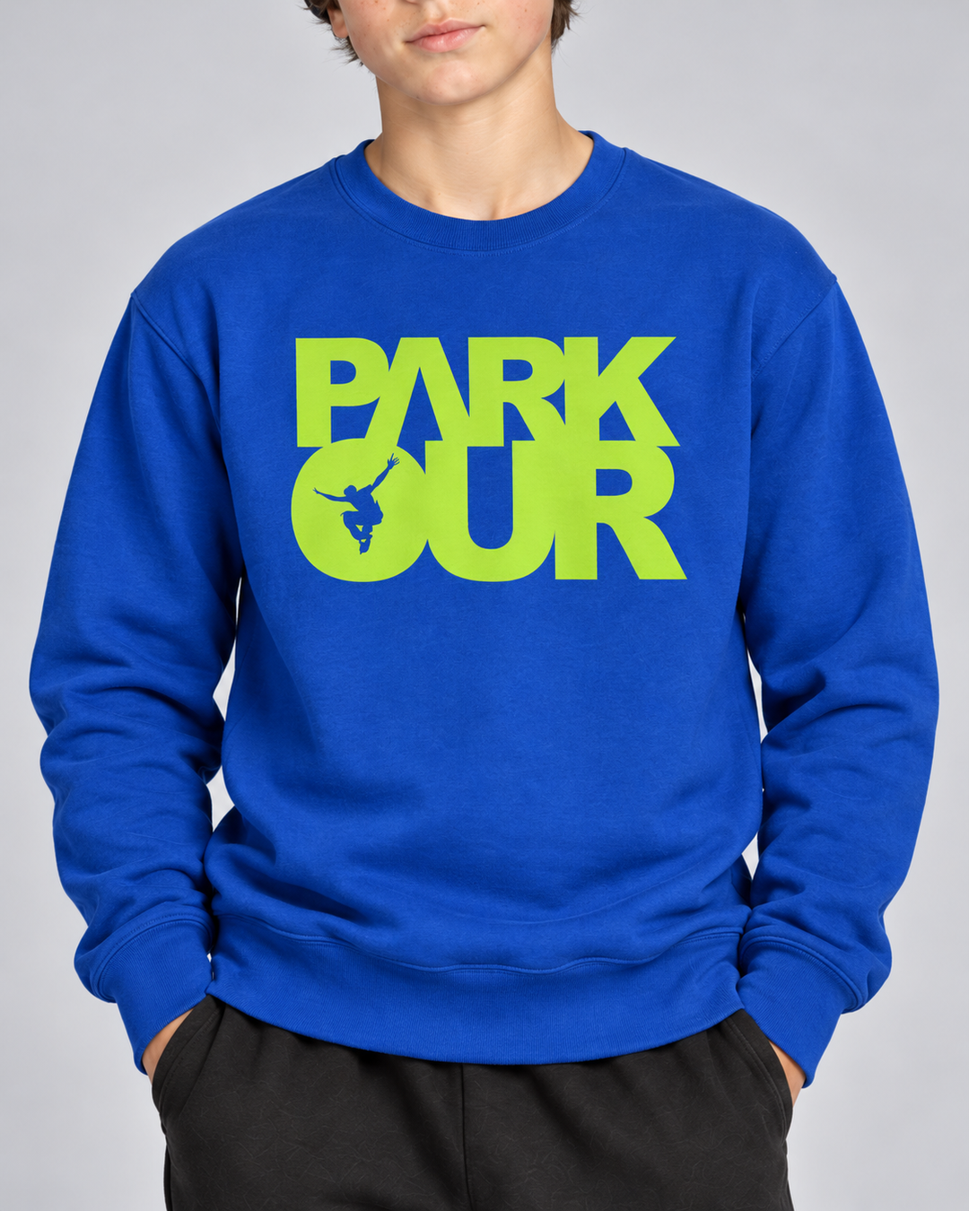 Blå/grøn Parkour-sweatshirt – detalje af tryk og materiale.