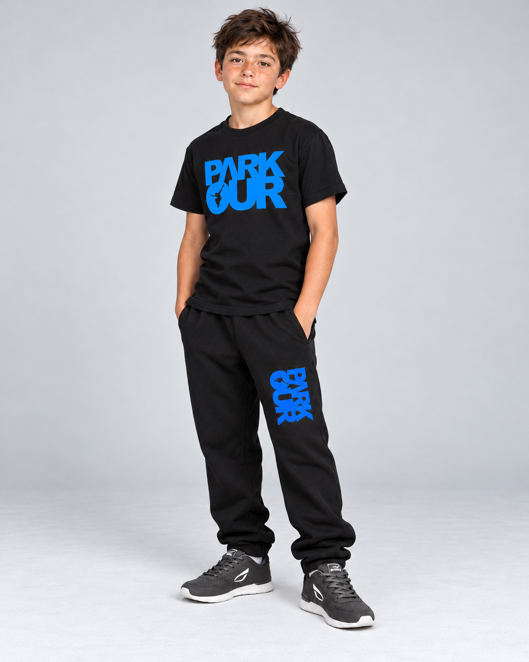 T-shirt og bukser fra den sort/blå startpakke – på model fra siden. Hue og eventuel hoodie ses på pakkens oversigtsfoto. Sko købes separat.