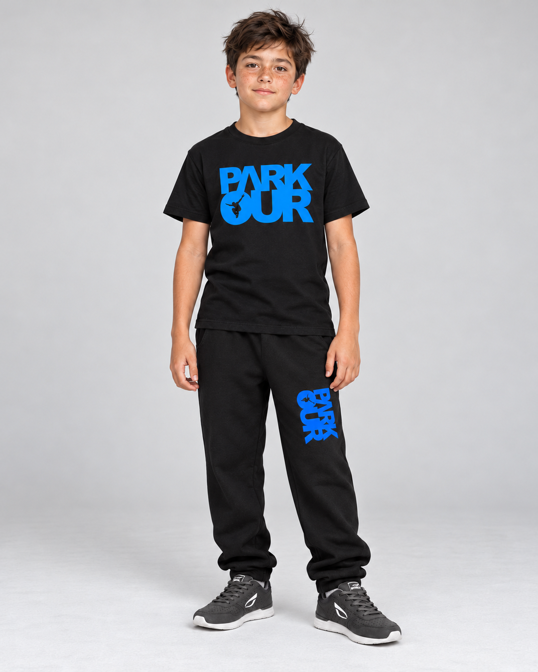 T-shirt og bukser fra den sort/blå startpakke – på model forfra. Hue og eventuel hoodie ses på pakkens oversigtsfoto. Sko købes separat.