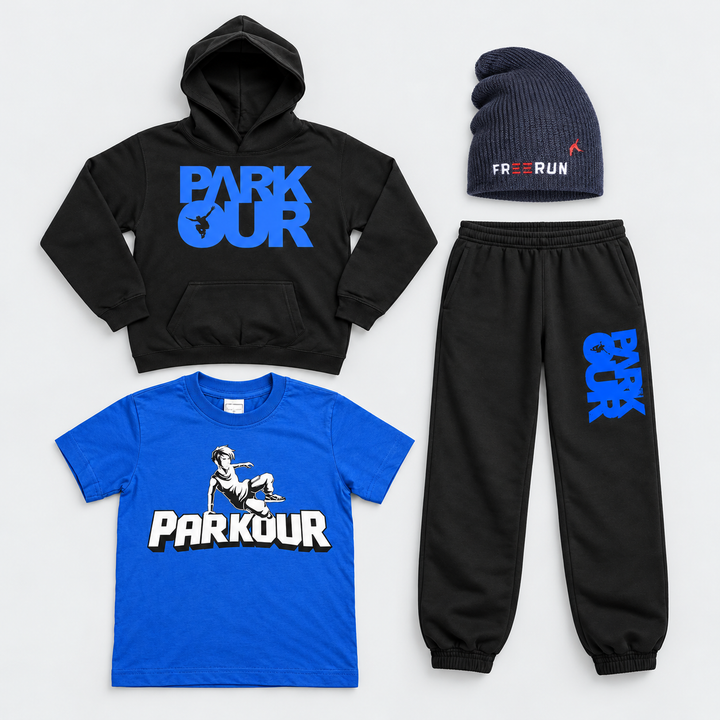 Blue Motion – Parkour Sæt med 4 dele – T-shirt, bukser, hoodie og hue