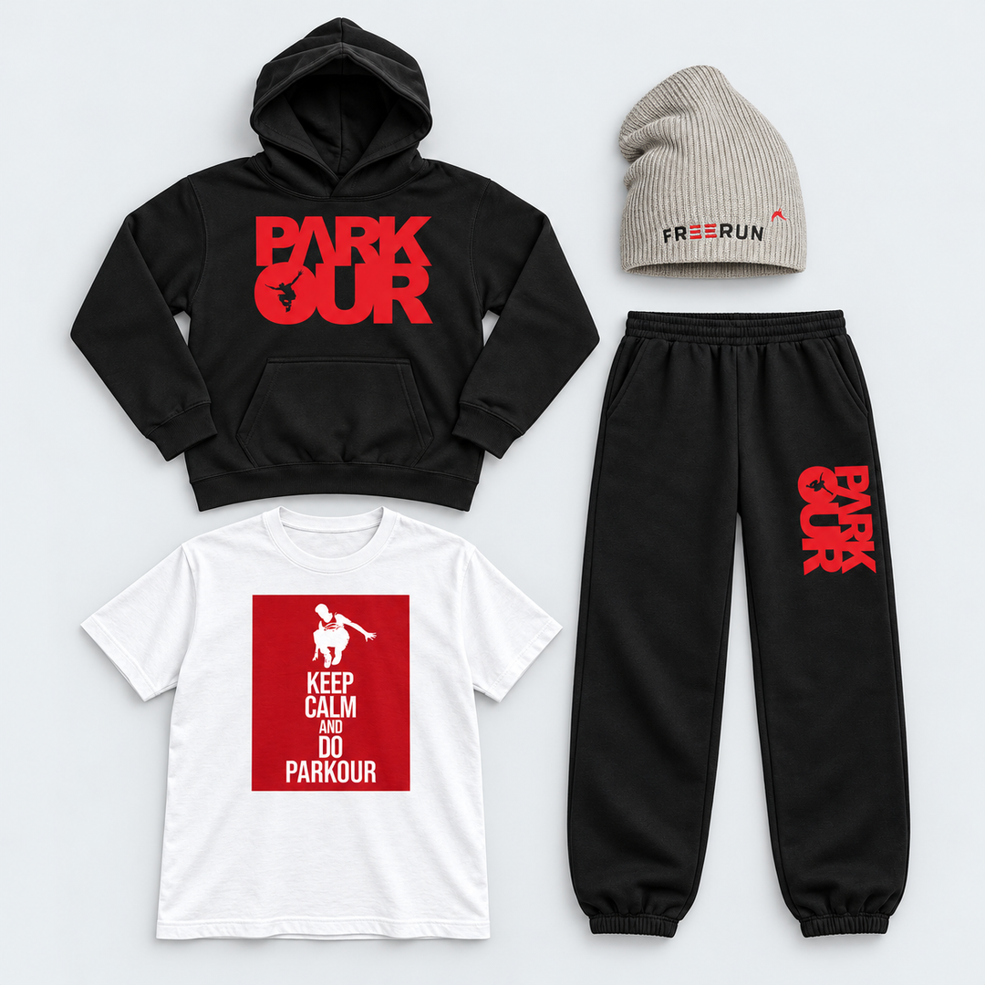 Red Signal – Parkour Sæt med 4 dele – T-shirt, bukser, hoodie og hue