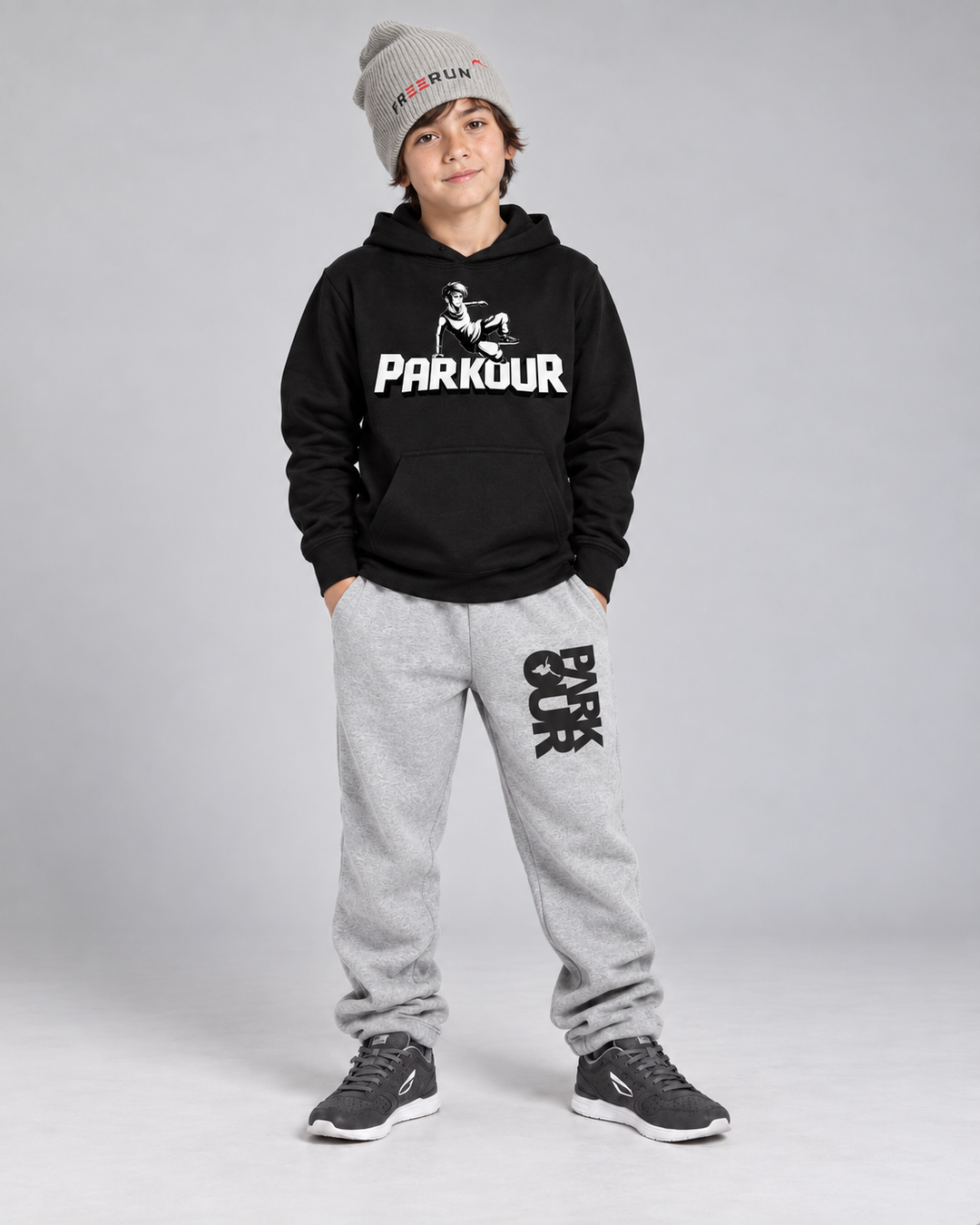 Sort Traceur-hoodie, grå/sorte bukser og grå FREERUN-hue – forfra.