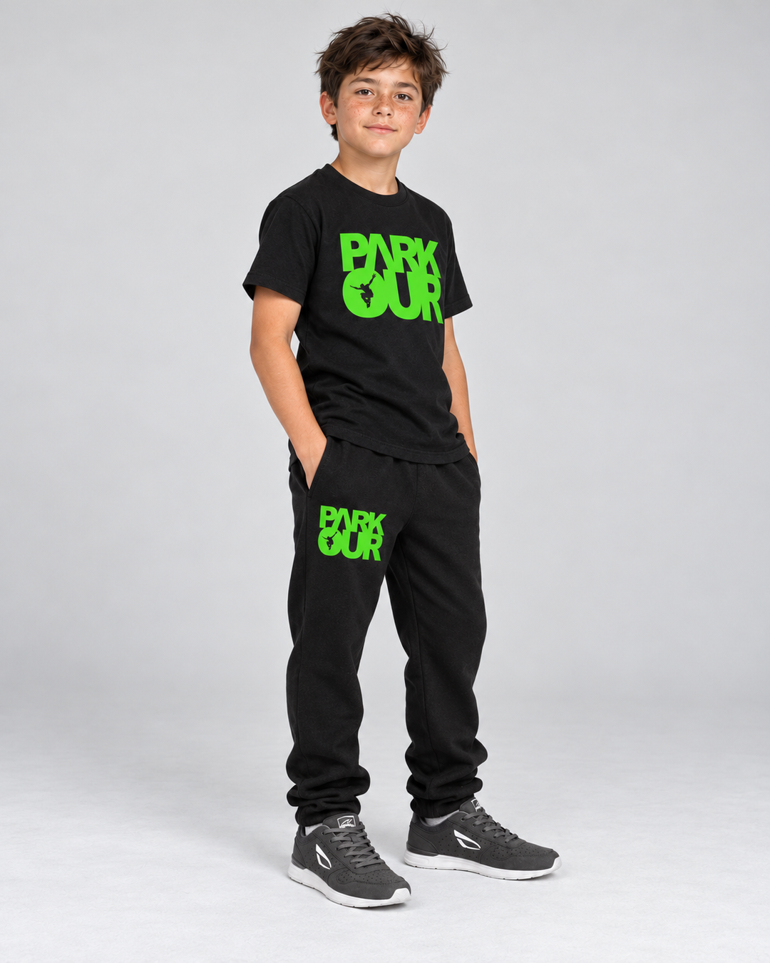Parkour T-shirt og bukser, sort/grøn – på model fra siden