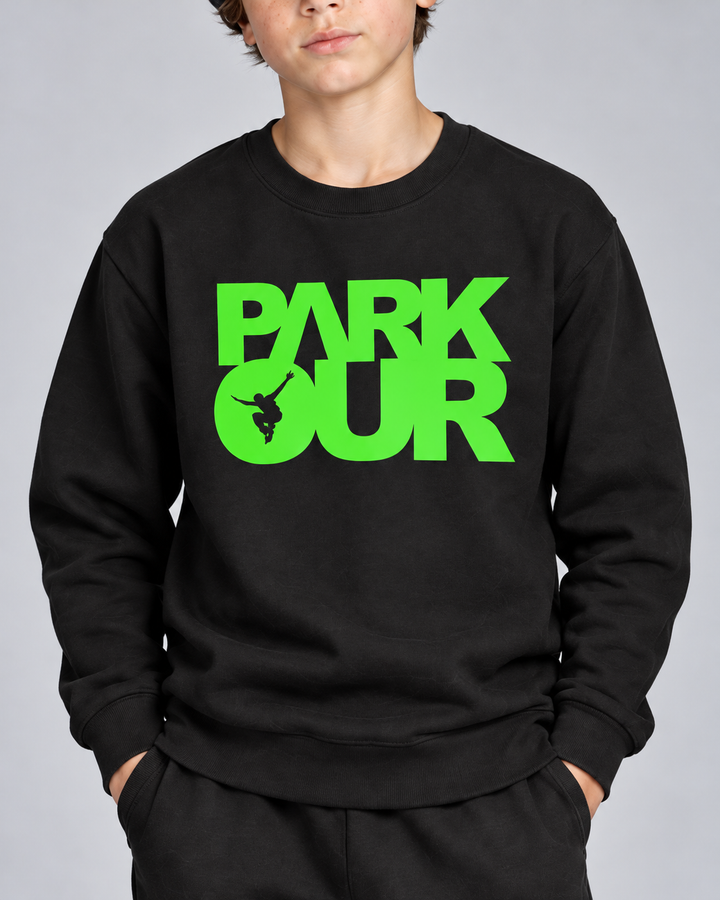 Sort/grøn Parkour-sweatshirt – detalje af tryk og materiale.