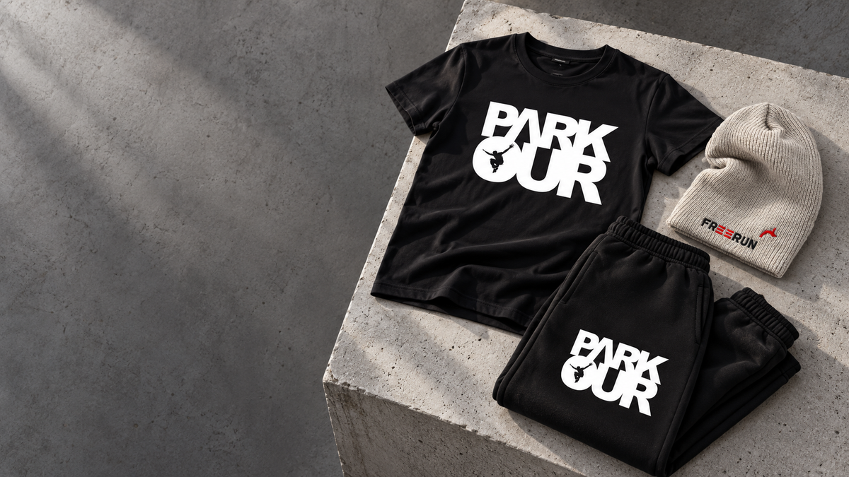 Sort og hvid parkour-startpakke med T-shirt, bukser og grå FREERUN-hue på beton