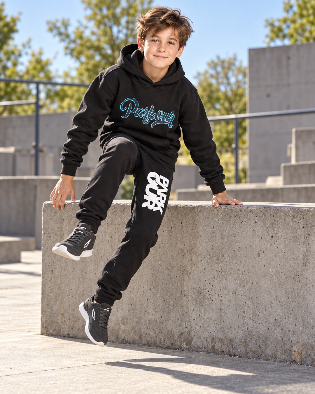 Street Parkour Hoodie, sort/blå – i brug under parkour. Hoodie og bukser fra Street Session. Sko købes separat.