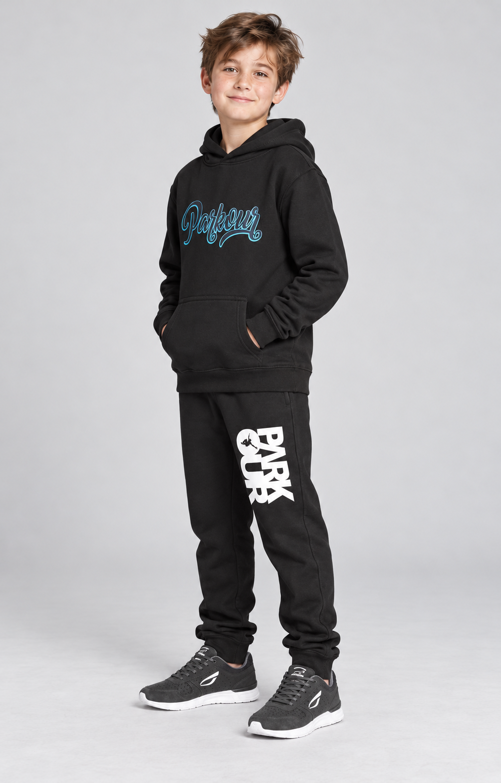Street Parkour Hoodie, sort/blå – på model fra siden. Hoodie og bukser fra Street Session. Sko købes separat.