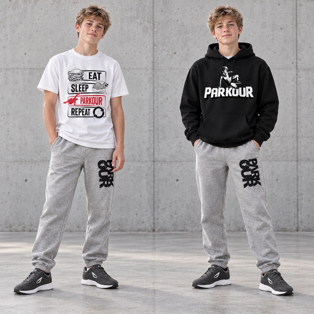 Concrete Flow – parkour sæt på model med grå JIYO Flow 2.0. Sko købes separat.