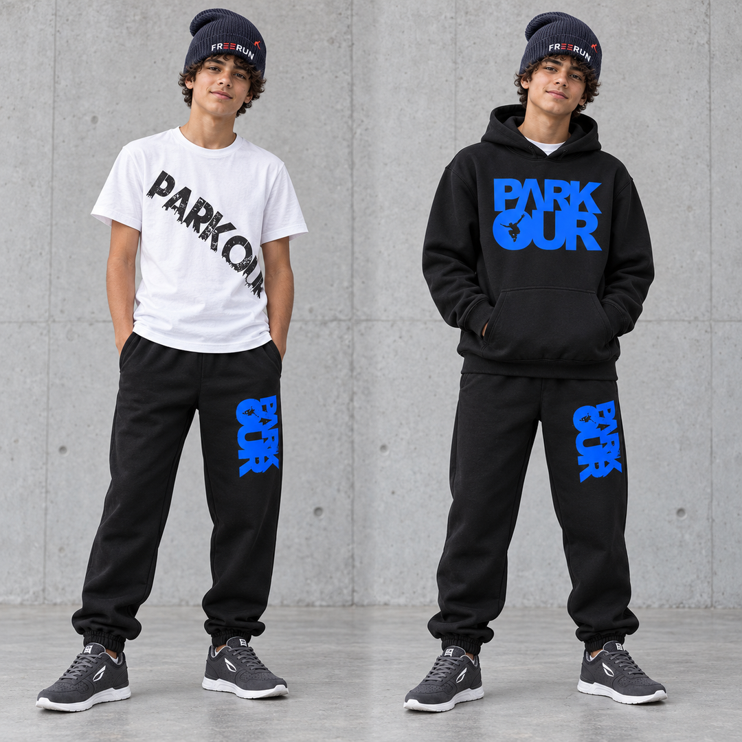 Navy Crew – Parkour Sæt med 4 dele – modelbillede. Sko og øvrig styling købes separat.