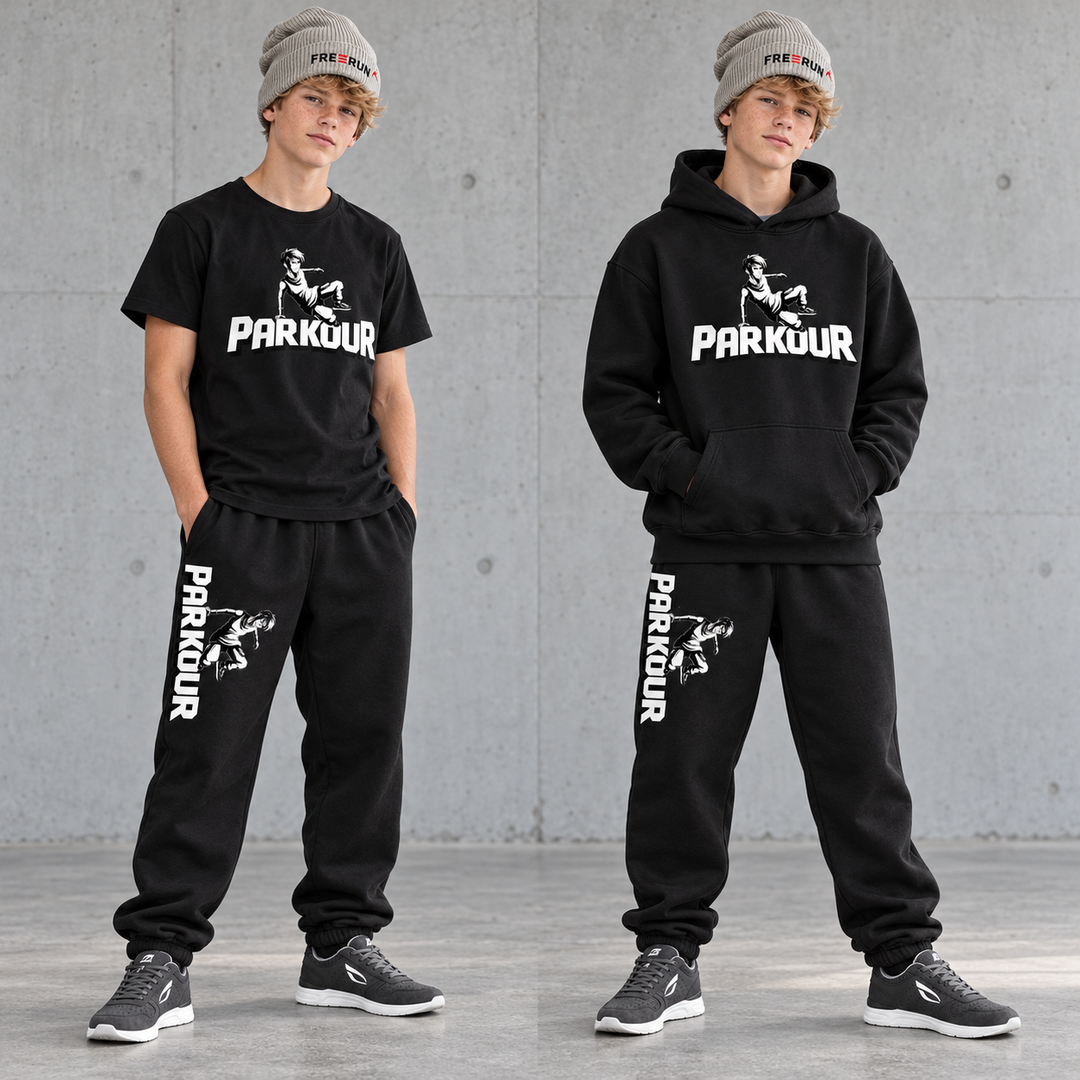 Traceur Layers – Parkour Sæt med 4 dele – modelbillede. Sko og øvrig styling købes separat.