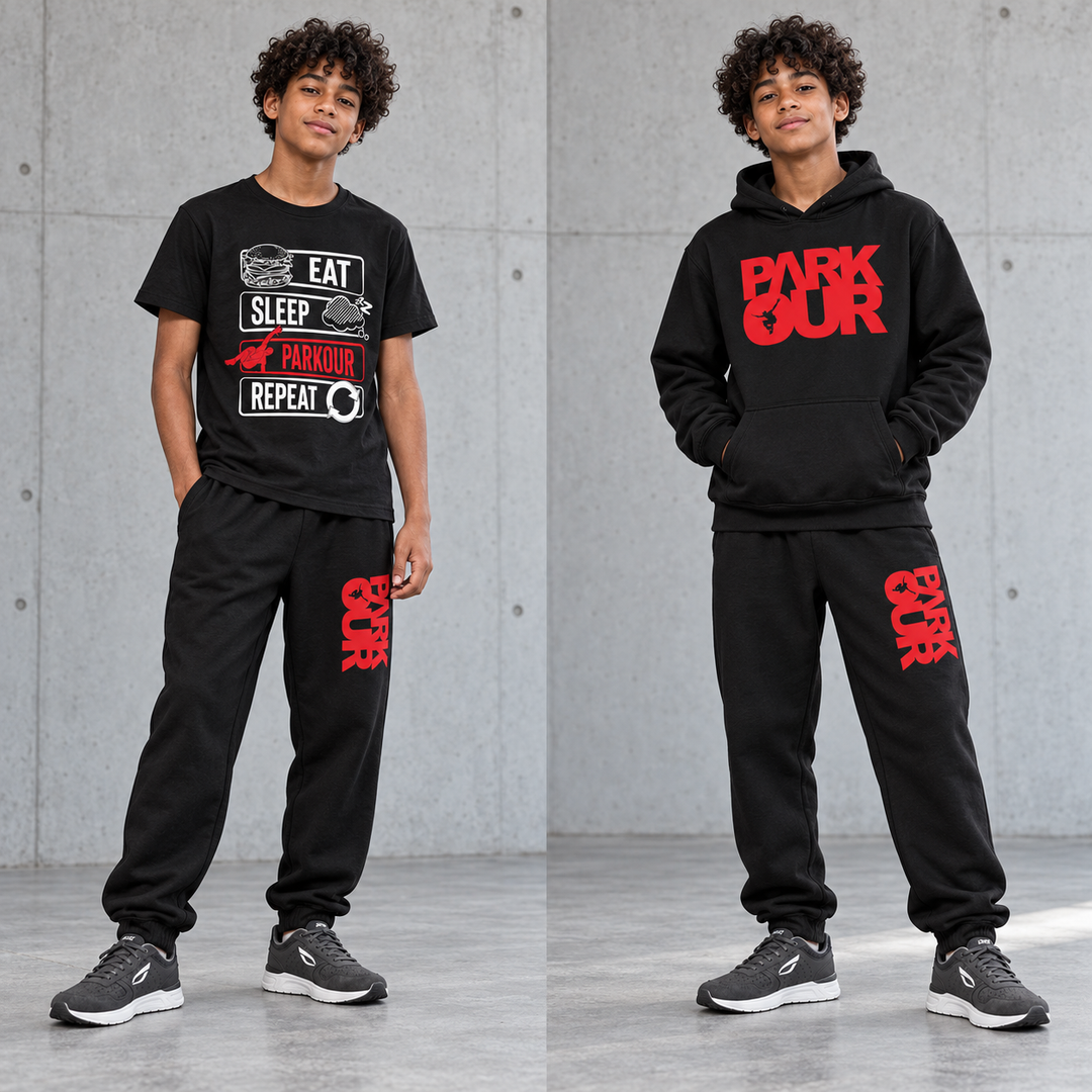 Red Box Remix – Parkour Sæt med 3 dele – modelbillede. Sko og øvrig styling købes separat.