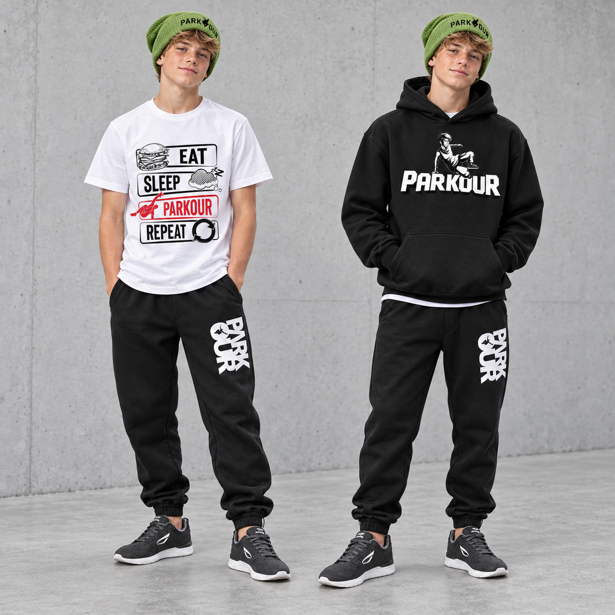 Repeat Session – Parkour Sæt med 4 dele – modelbillede. Sko og øvrig styling købes separat.