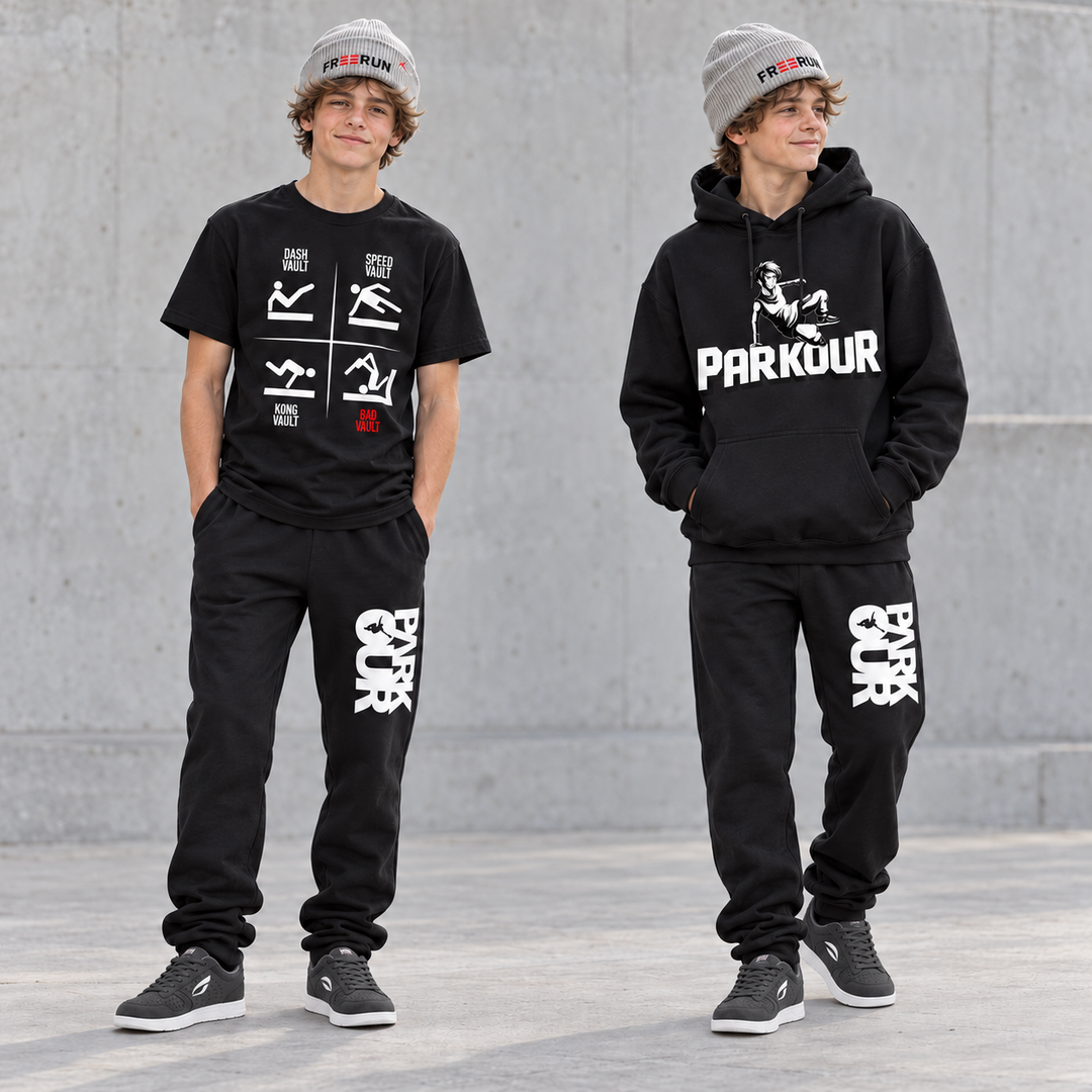 VAULTS Duo – Parkour Sæt med 2 dele – modelbillede. Sko og øvrig styling købes separat.