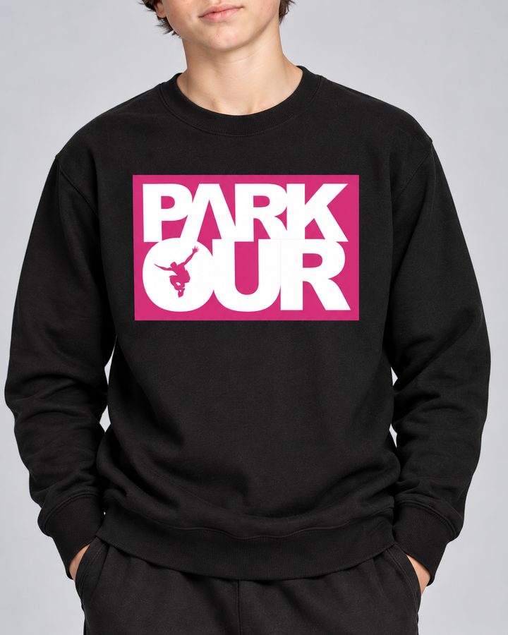 Sort/pink/hvid Parkour-sweatshirt – detalje af tryk og materiale. Øvrig styling købes separat.