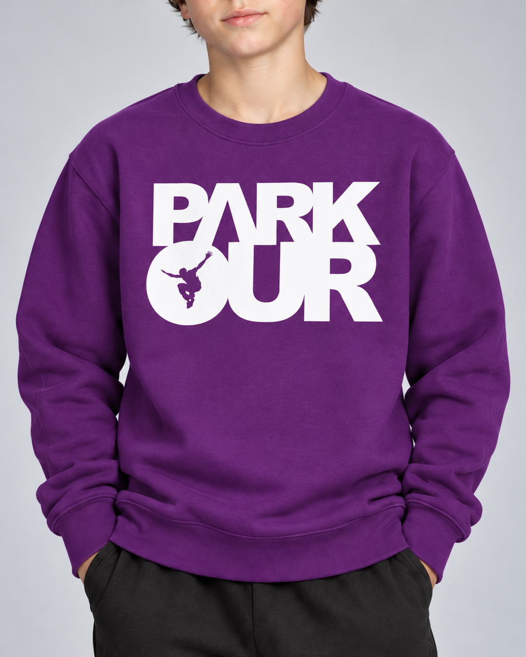 Lilla/hvid Parkour-sweatshirt – detalje af tryk og materiale.