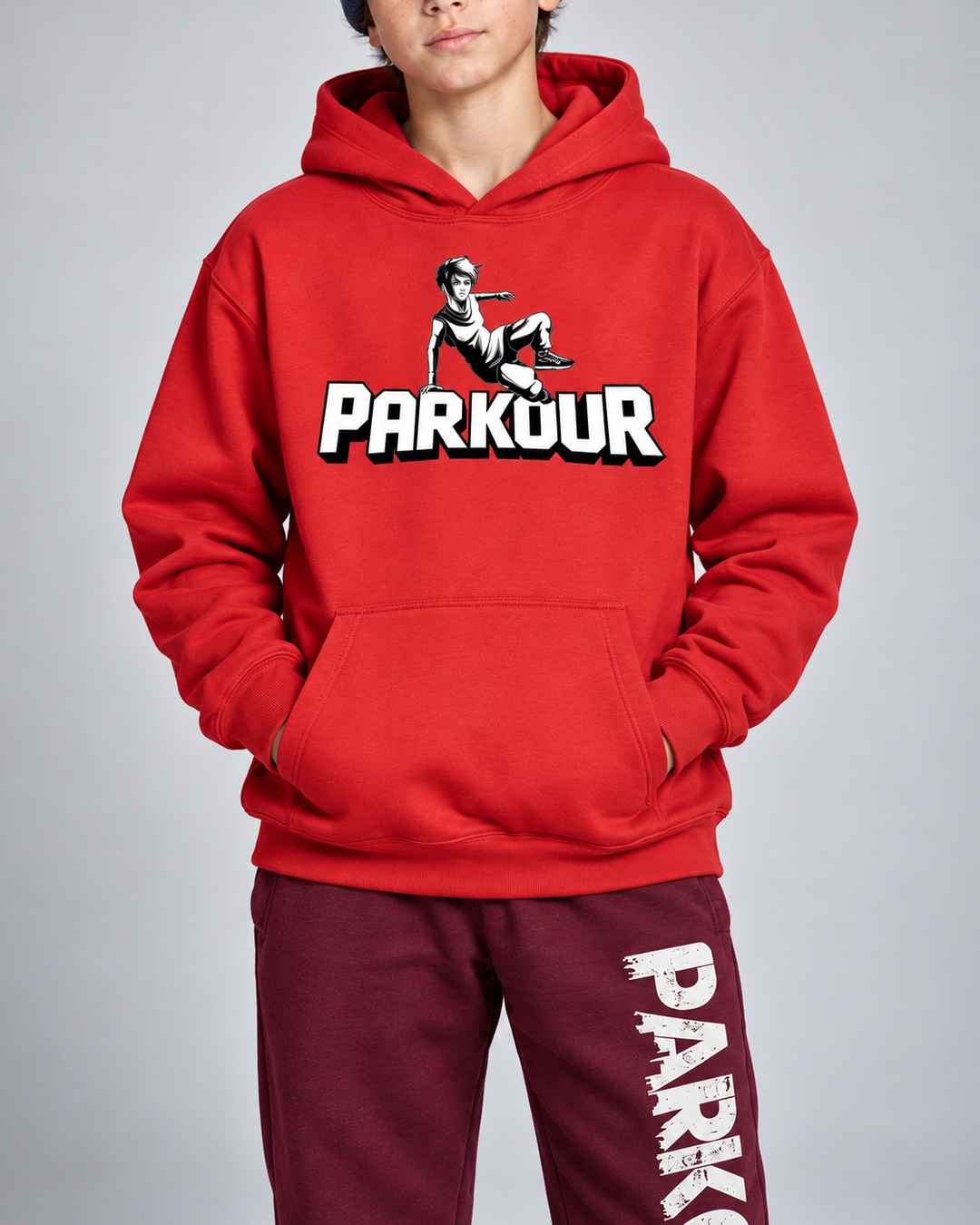 Rød Traceur-hoodie og bordeaux bukser med lodret Parkour-tryk – detalje af tryk og materiale.