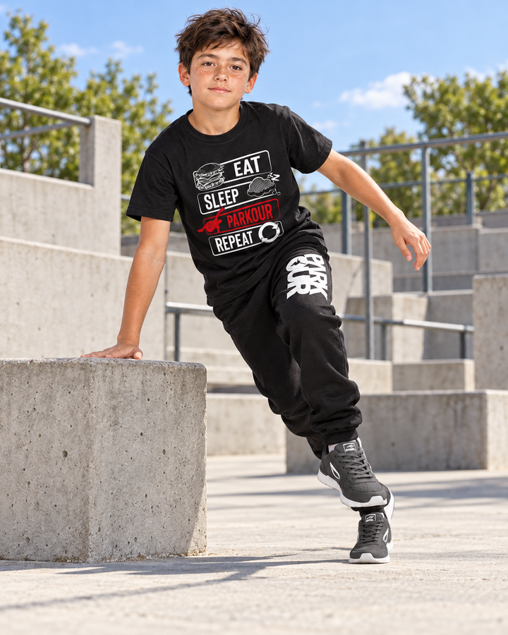 Eat Sleep Parkour Repeat T-shirt, sort – i brug under parkour