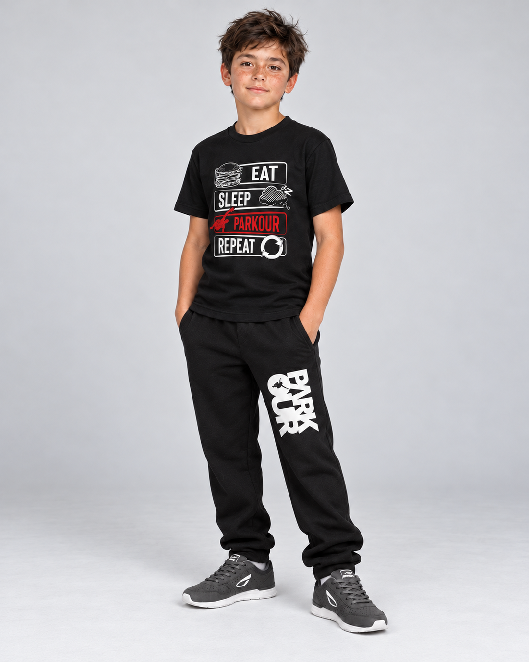 Eat Sleep Parkour Repeat T-shirt, sort – på model fra siden