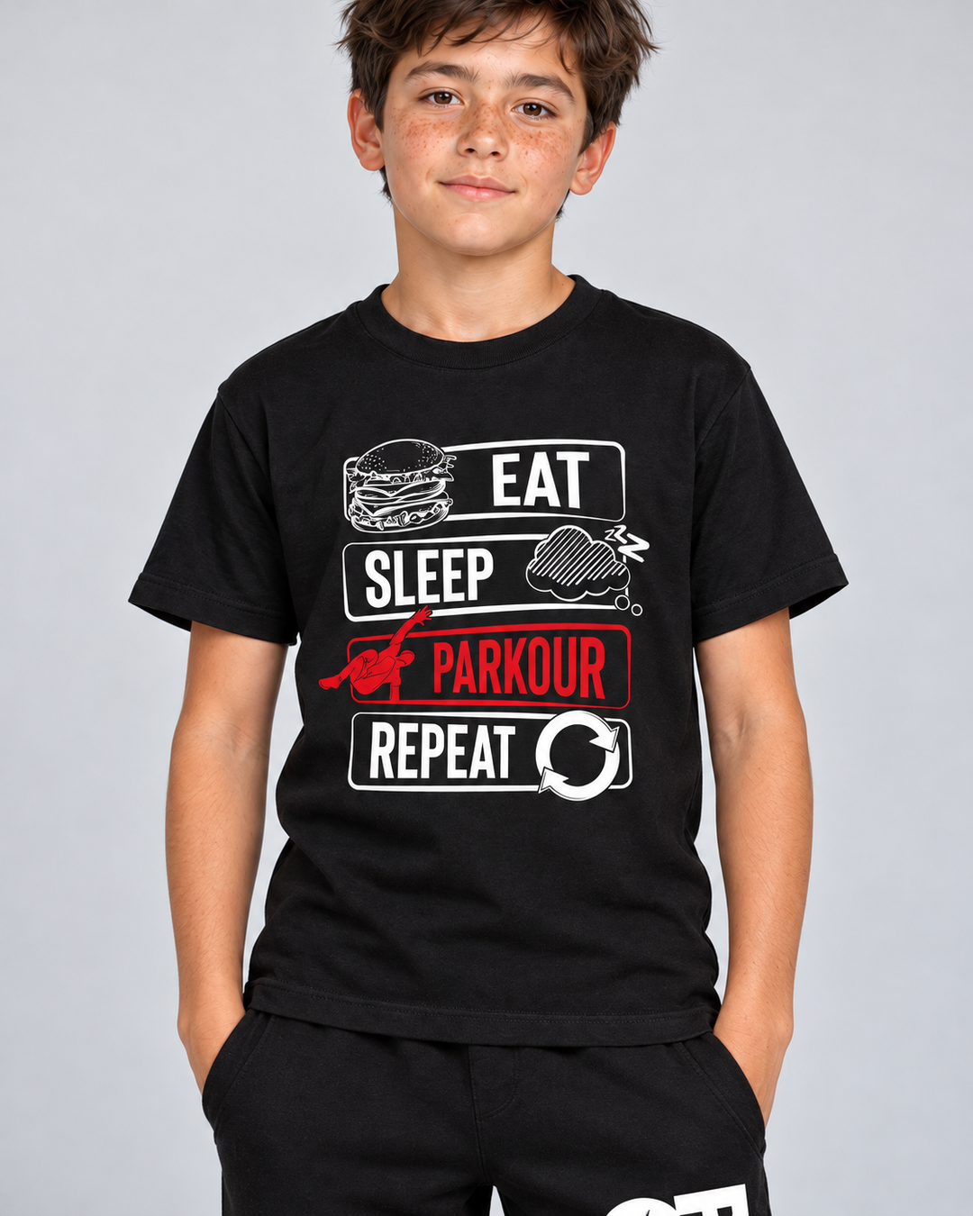 Eat Sleep Parkour Repeat T-shirt, sort – detalje af tryk og materiale