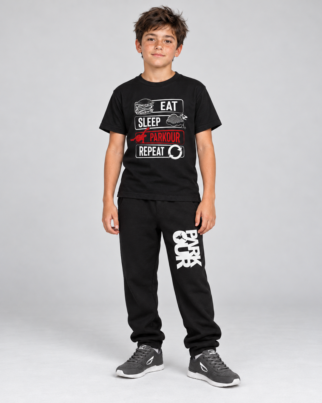 Eat Sleep Parkour Repeat T-shirt, sort – på model forfra