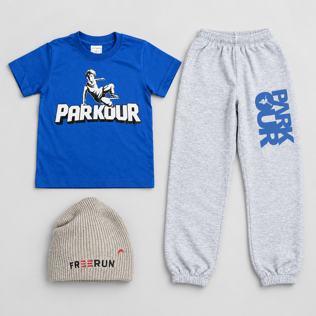 Blue Concrete – Parkour Sæt med 3 dele – pakkens tre dele med hue uden ombuk