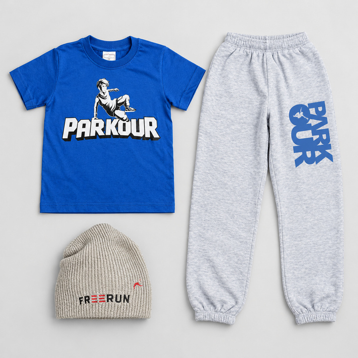 Blue Concrete – Parkour Sæt med 3 dele – pakkens tre dele med hue uden ombuk