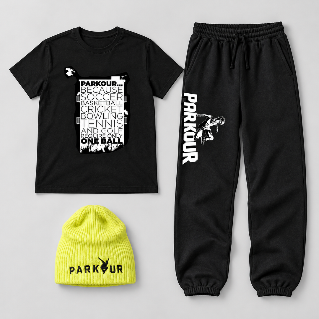 Yellow Accent – Parkour Sæt med 3 dele – pakkens tre dele med hue uden ombuk