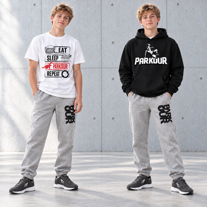Concrete Flow – Parkour Sæt med 3 dele – solbelyst betonmiljø med grå JIYO Flow 2.0. Sko købes separat.