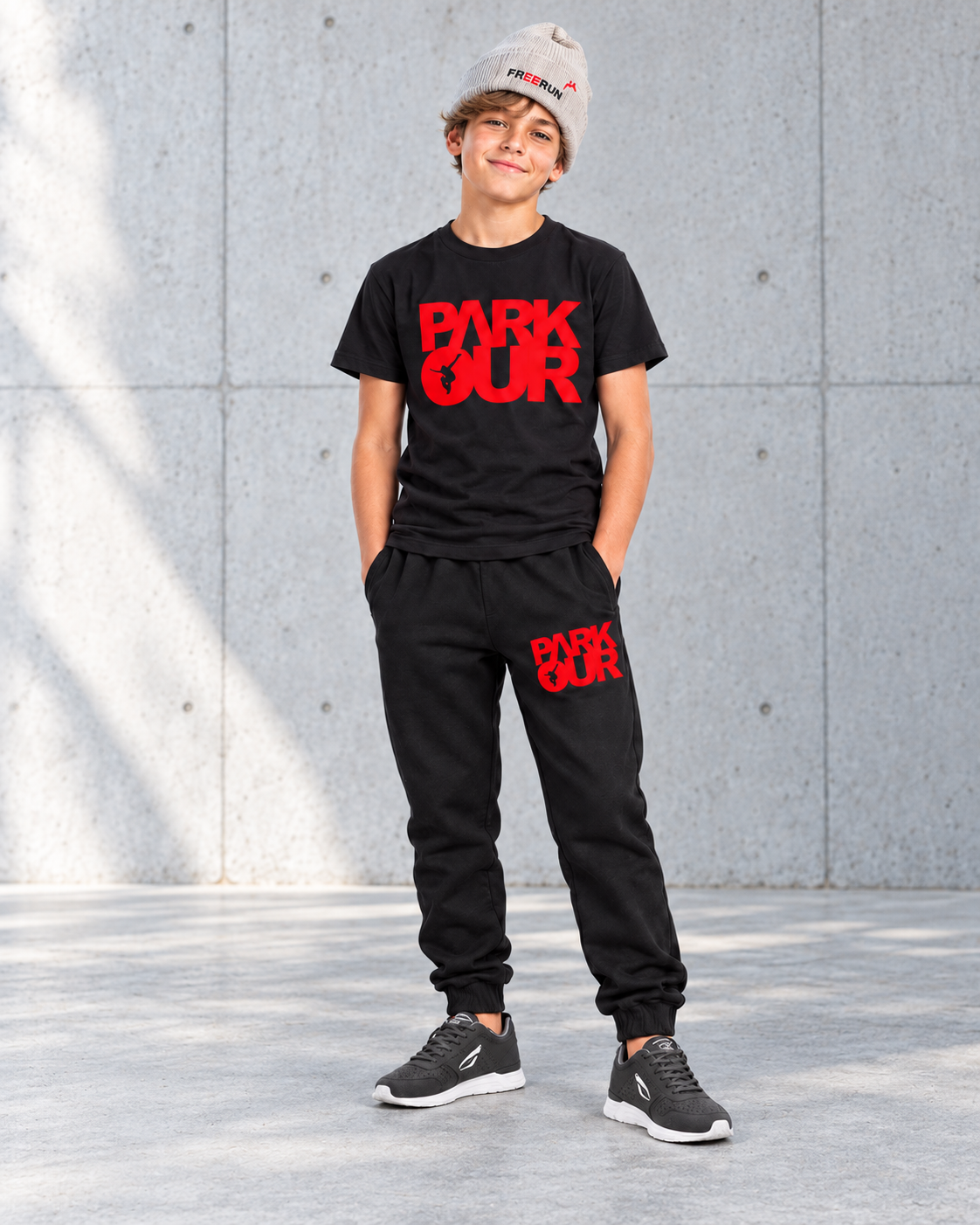 Parkour Startpakke - Small, sort/rød – solbelyst betonmiljø med grå JIYO Flow 2.0. Sko købes separat.