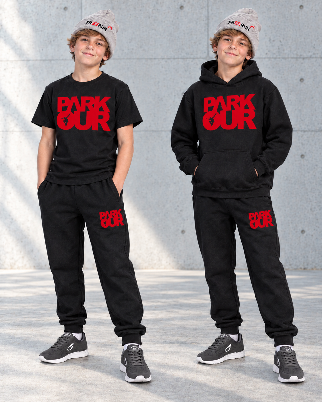 Parkour Startpakke - Medium ( sort med rød ) – solbelyst betonmiljø med grå JIYO Flow 2.0. Sko købes separat.
