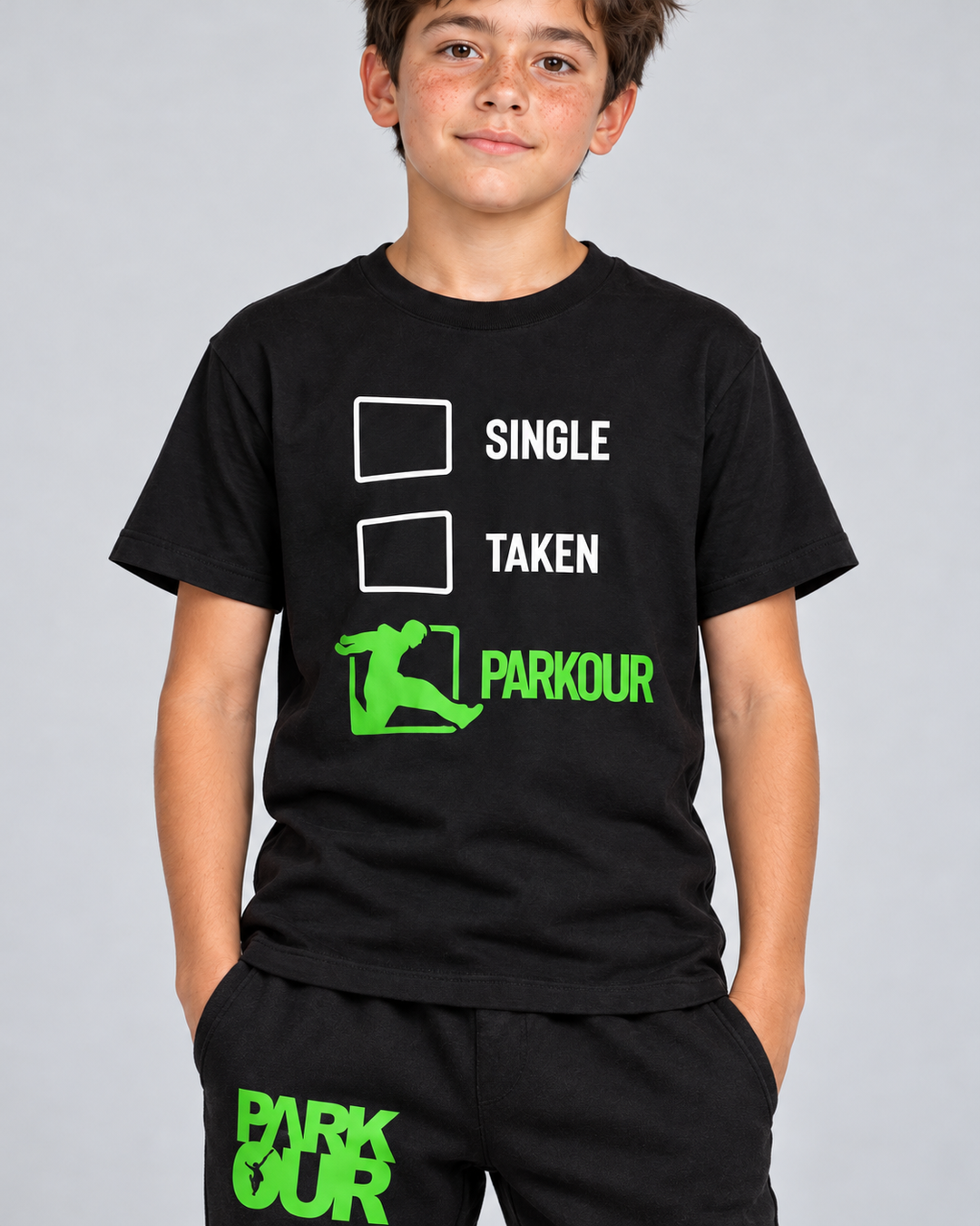 Single Taken Parkour T-shirt, sort – detalje af tryk og materiale