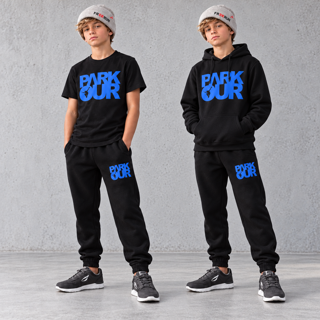 Parkour startpakke blue på drengemodel. Grå JIYO Flow-sko købes separat.