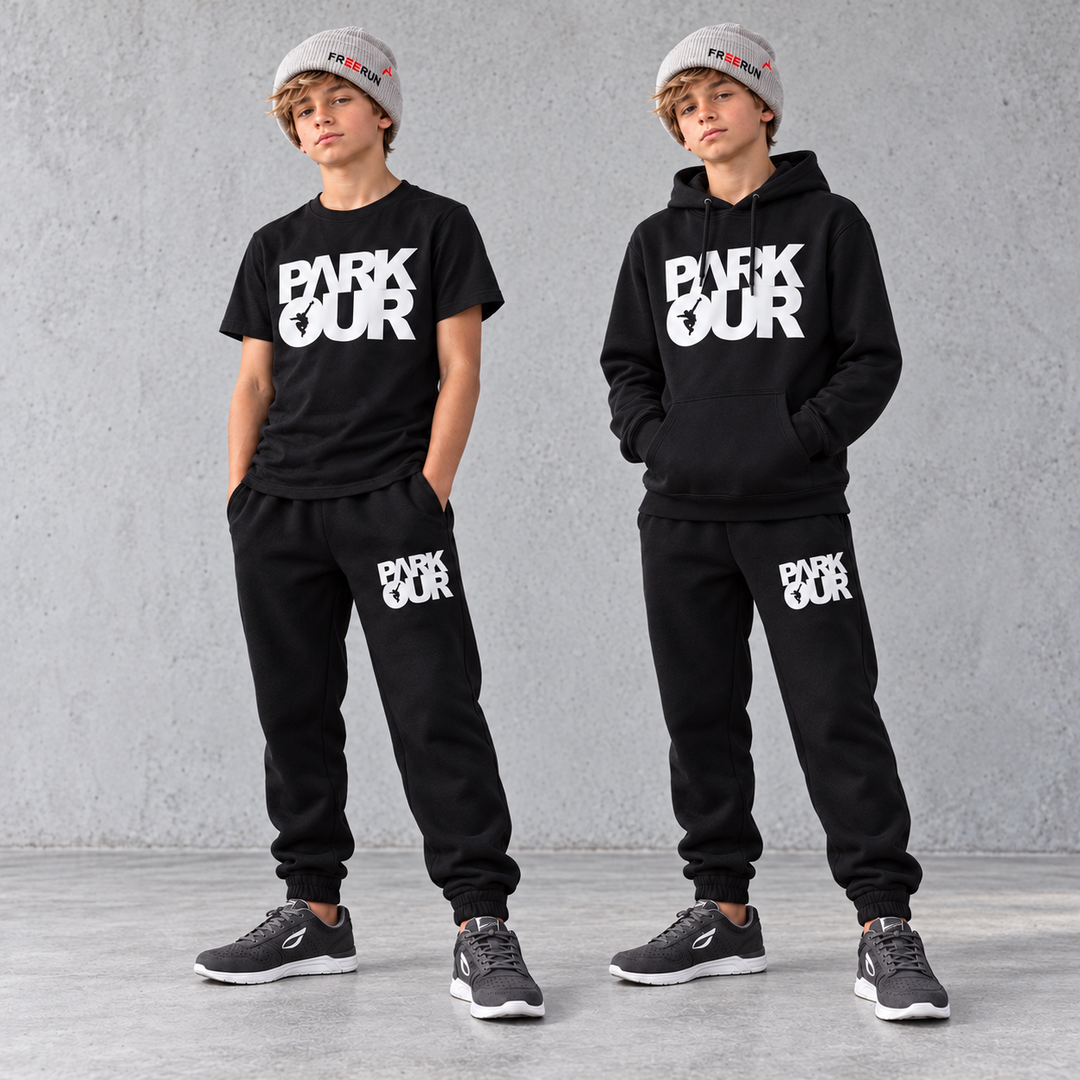 Parkour startpakke white på drengemodel. Grå JIYO Flow-sko købes separat.