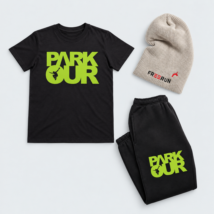 Parkour startpakke - Small ( sort med grøn ) – produktfoto på lys grå baggrund