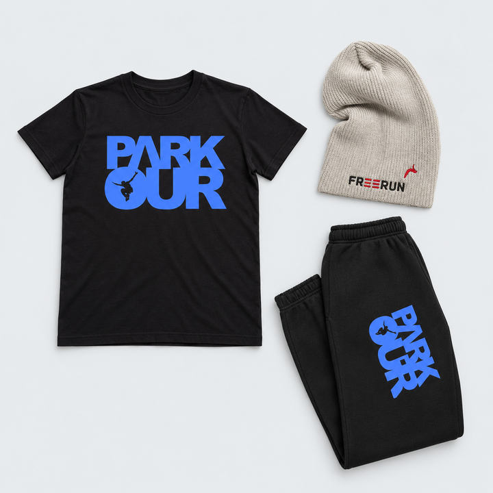 Parkour Startpakke - Small, sort/blå – produktfoto på lys grå baggrund