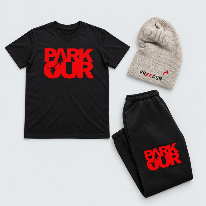 Parkour Startpakke - Small, sort/rød – produktfoto på lys grå baggrund