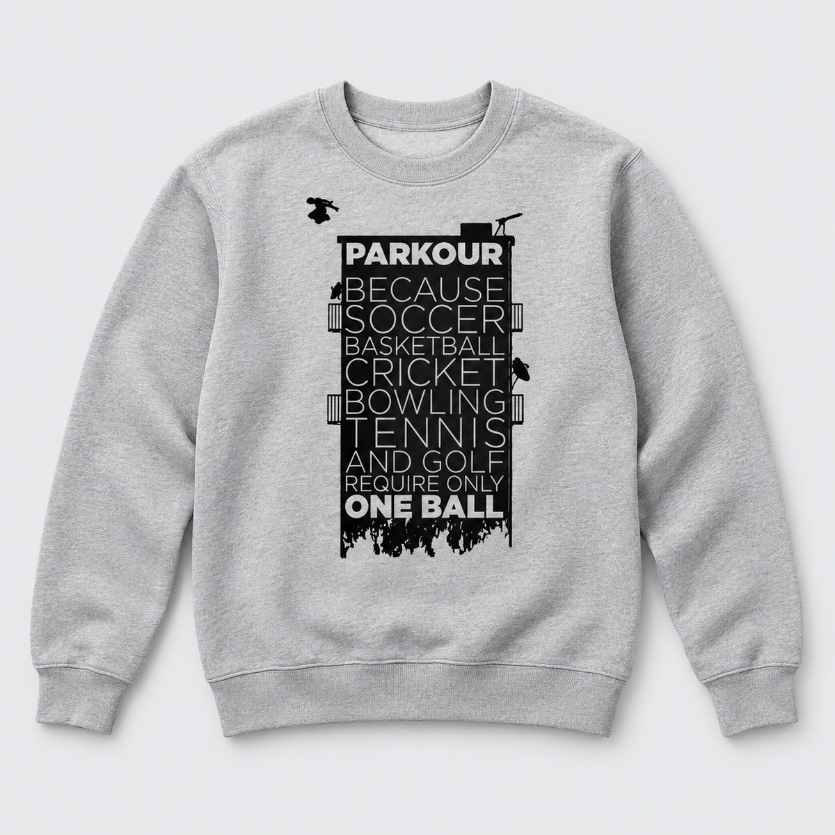"Parkour takes BALLS..." Sweatshirt, grå/sort – produktfoto på lys grå baggrund