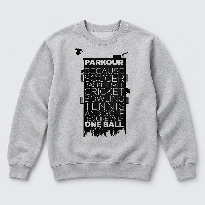 "Parkour takes BALLS..." Sweatshirt, grå/sort – produktfoto på lys grå baggrund