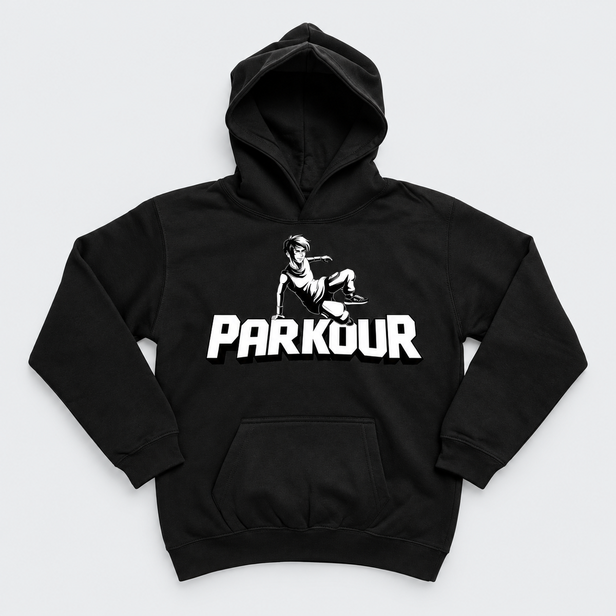 "Traceur" Hoodie, sort – produktfoto på lys grå baggrund