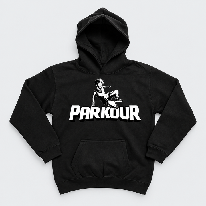"Traceur" Hoodie, sort – produktfoto på lys grå baggrund