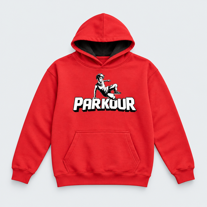 "Traceur" Hoodie, rød/hvid – produktfoto på lys grå baggrund