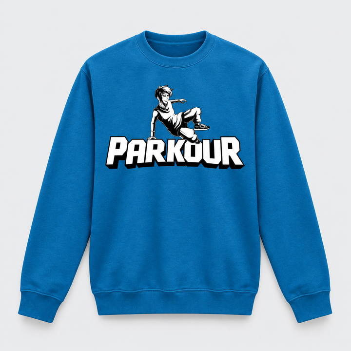 "Traceur" Sweatshirt, blå – produktfoto på lys grå baggrund
