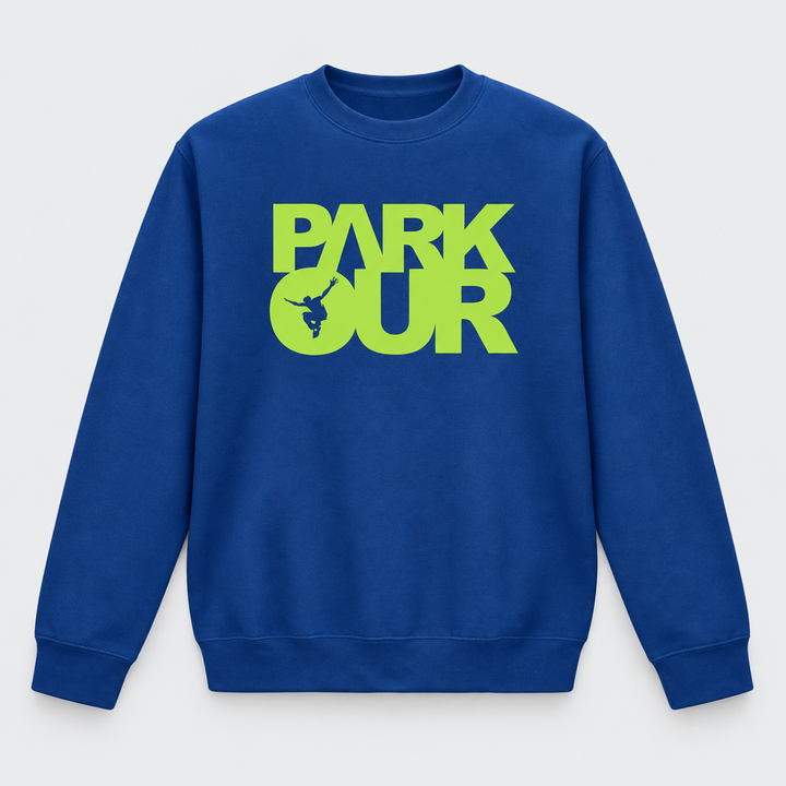 Sweatshirt m/ Parkour box, blå/grøn – produktfoto på lys grå baggrund