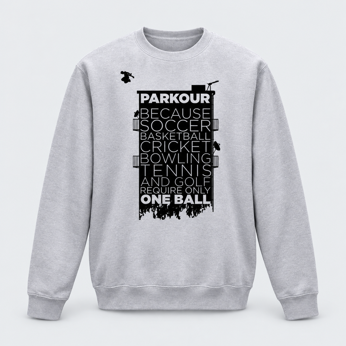 "Parkour takes BALLS..." Sweatshirt, grå/sort – produktfoto på lys grå baggrund