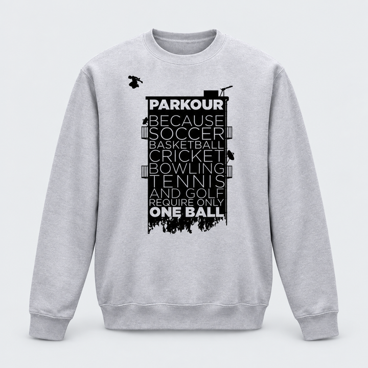 "Parkour takes BALLS..." Sweatshirt, grå/sort – produktfoto på lys grå baggrund