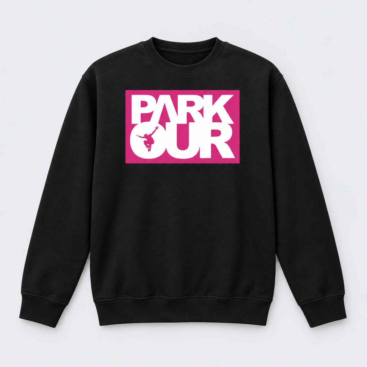 Sweatshirt m/ Parkour box, sort/pink/hvid – produktfoto på lys grå baggrund